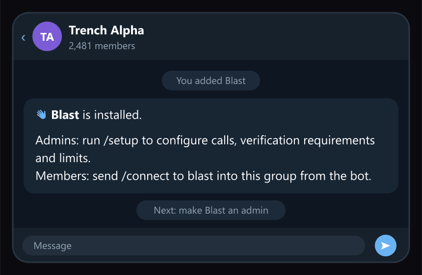 The bot says hello when it joins, and points admins to /setup.