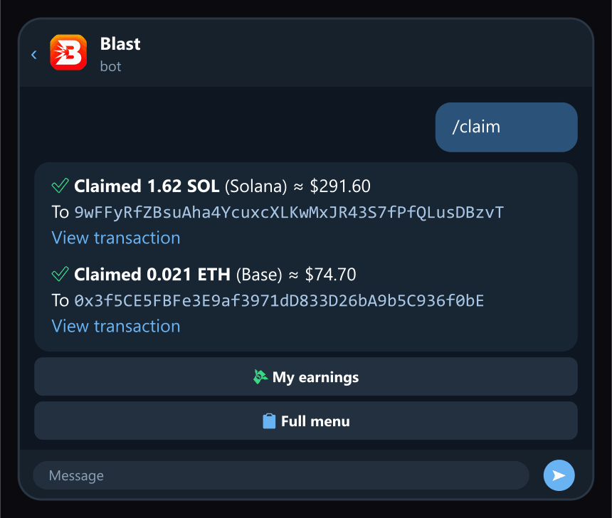 /claim: one transfer per chain to your reward wallets.