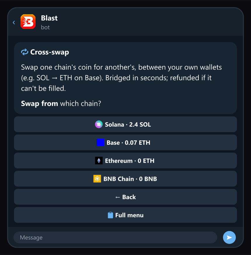 🔁 Cross-swap: pick the chain to swap from, then the one to swap to.