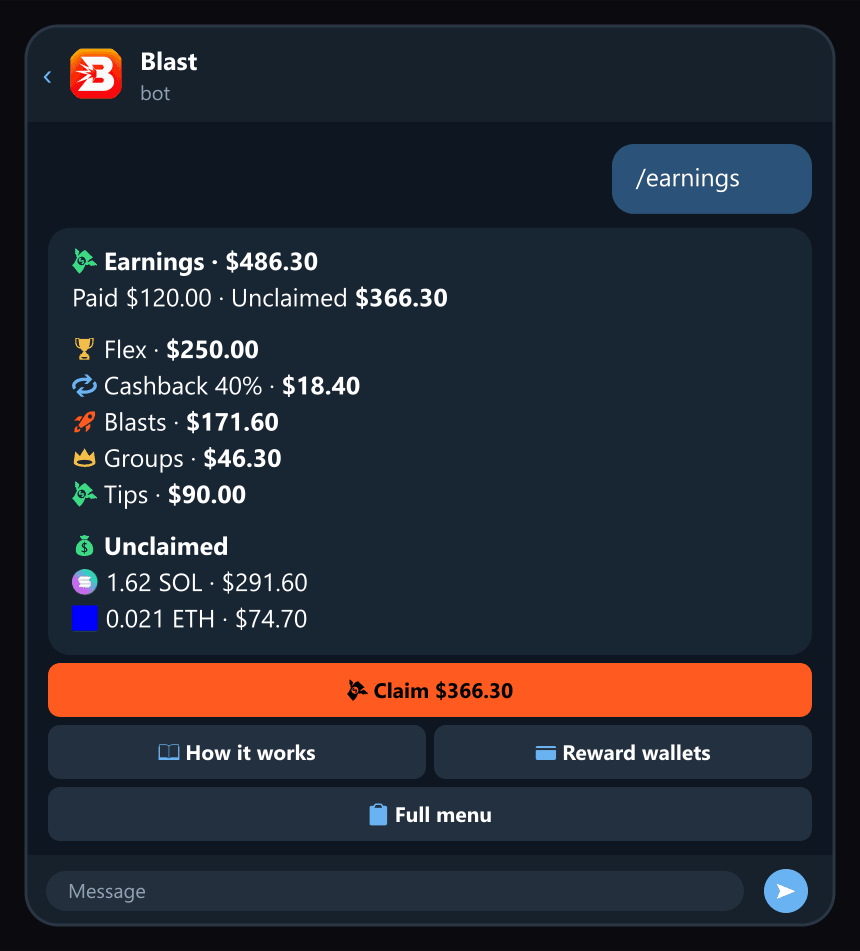/earnings shows your cashback rate and what it has paid.