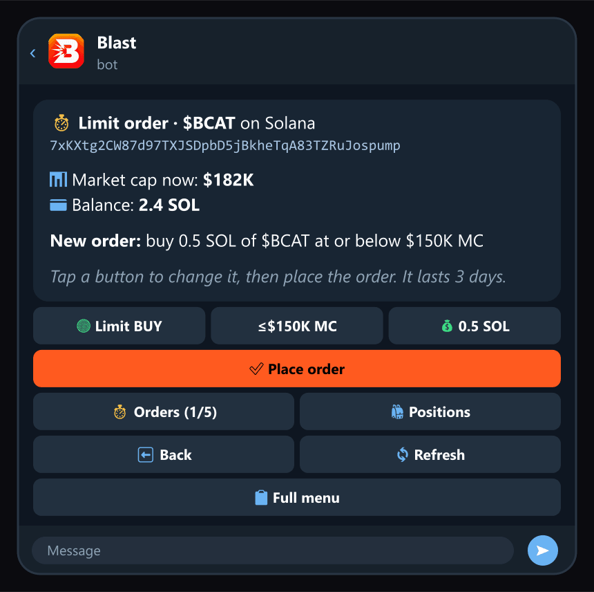 A limit buy: 0.5 SOL of $BCAT at or below $150K market cap.