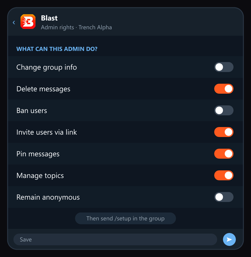 Turn on Delete messages and Pin messages, then Save.