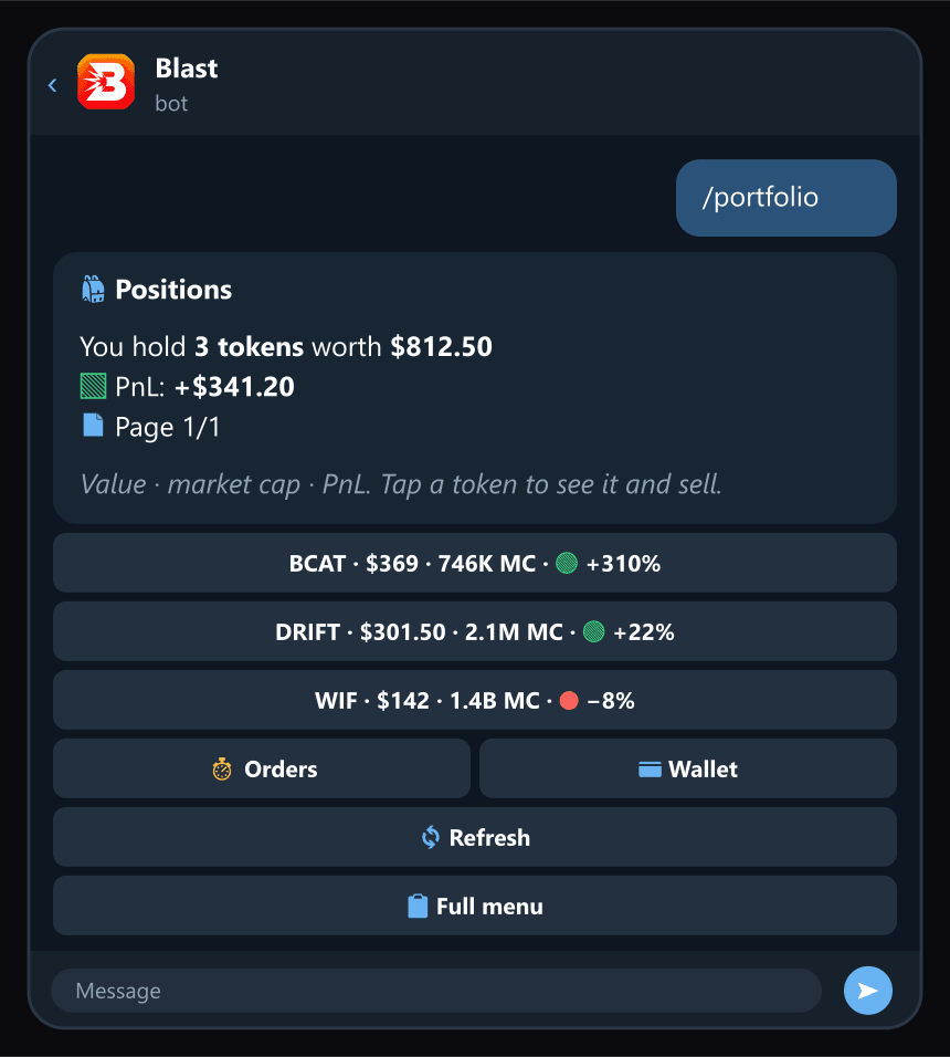 /portfolio: what you hold, its value, market cap and PnL.