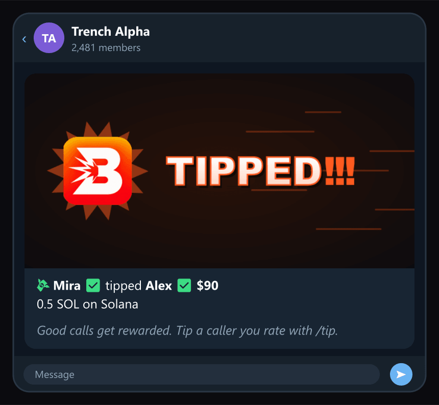 A tip between two members, announced under the TIPPED banner.