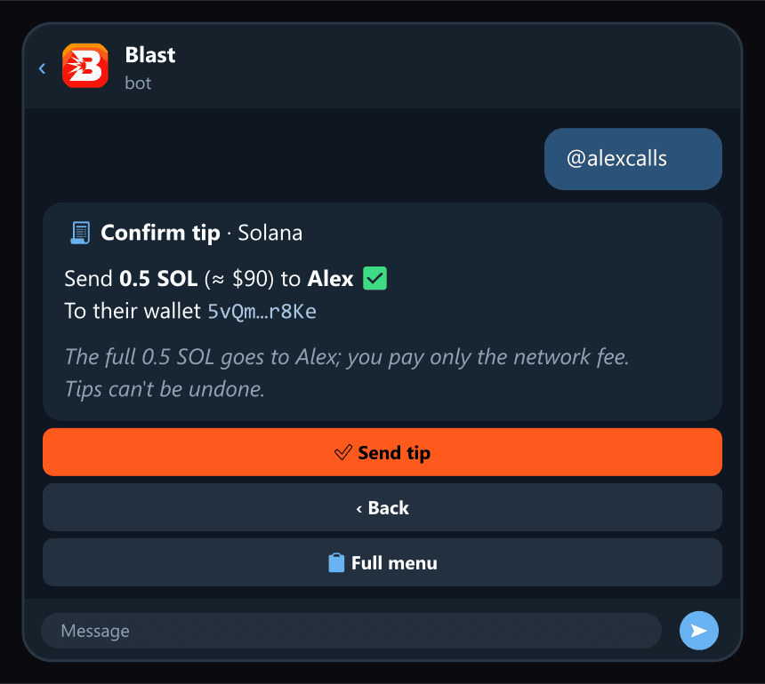 Confirm the tip: the full amount goes to the caller.