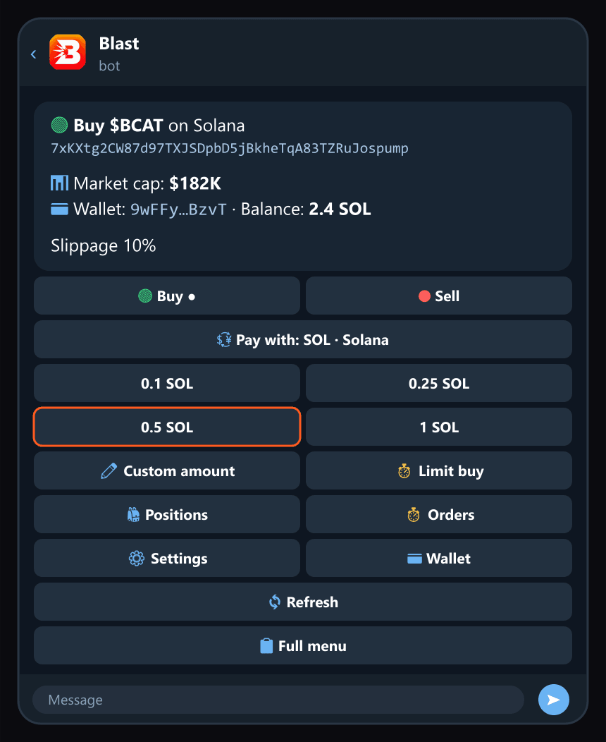 The trade panel, Buy tab: one tap buys that amount.