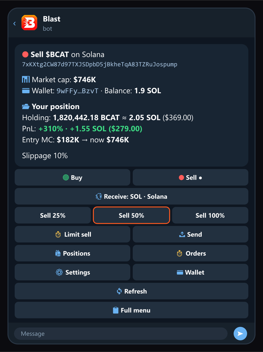 The Sell tab shows your position: value, PnL, entry and now.