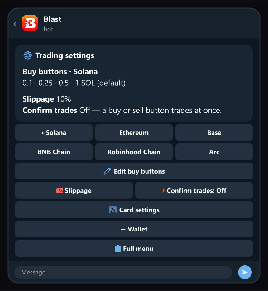 ⚙️ Settings: buy buttons per chain, slippage and one-tap trades.