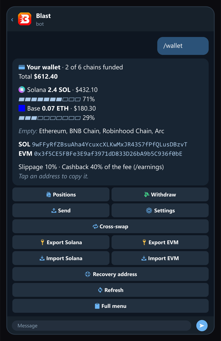 /wallet: your total, each chain's share, your addresses and every action.